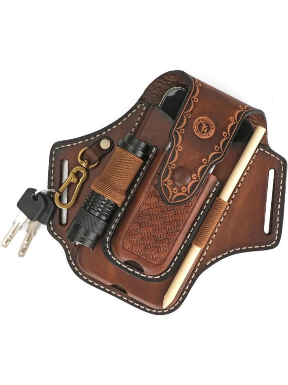 Stylish Leather Cell Phone Holster Case with Multitool, Flashlight & Pen Holder